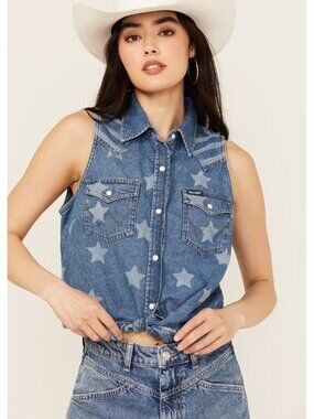 Wrangler Women's‎ Americana Front Tie Sleeveless Snap Western Shirt Size Medium